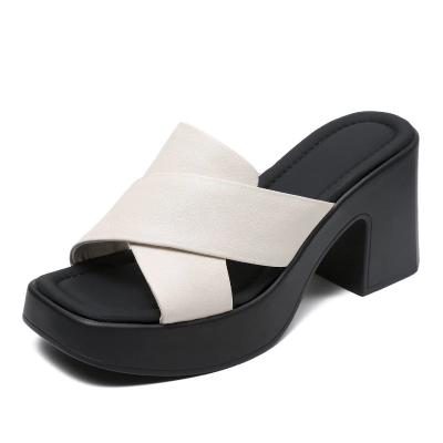 Summer Retro Chunky - Heel Genuine Leather Slide Sandals 01