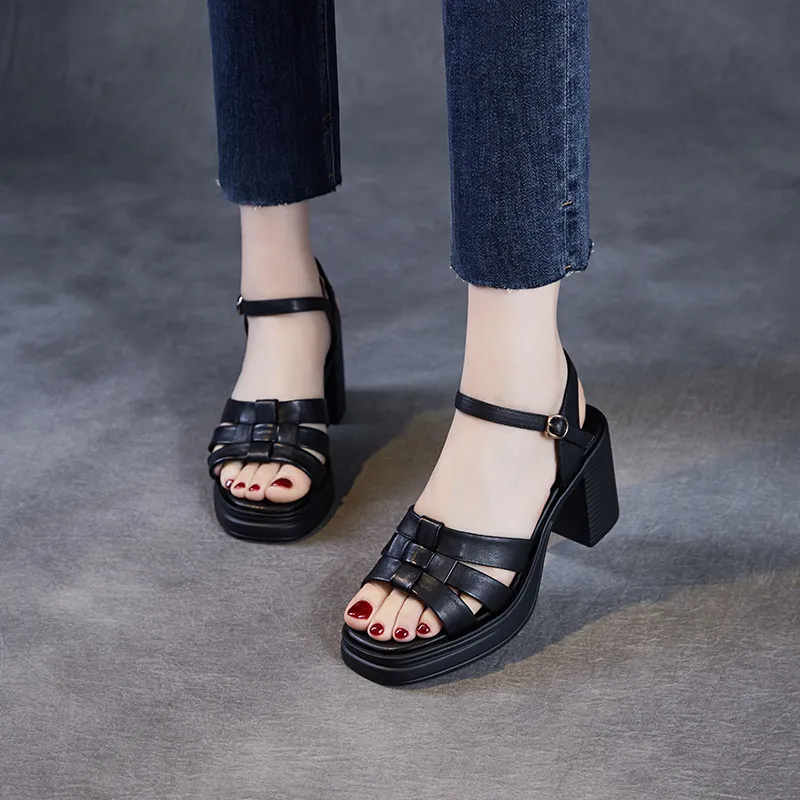 Women's Cowhide Roman Chunky - Heel Sandals