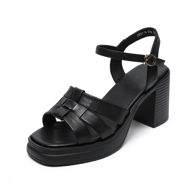 Women's Cowhide Roman Chunky - Heel Sandals