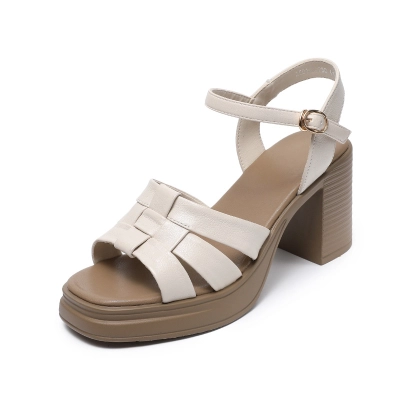 Women's Cowhide Roman Chunky - Heel Sandals 01