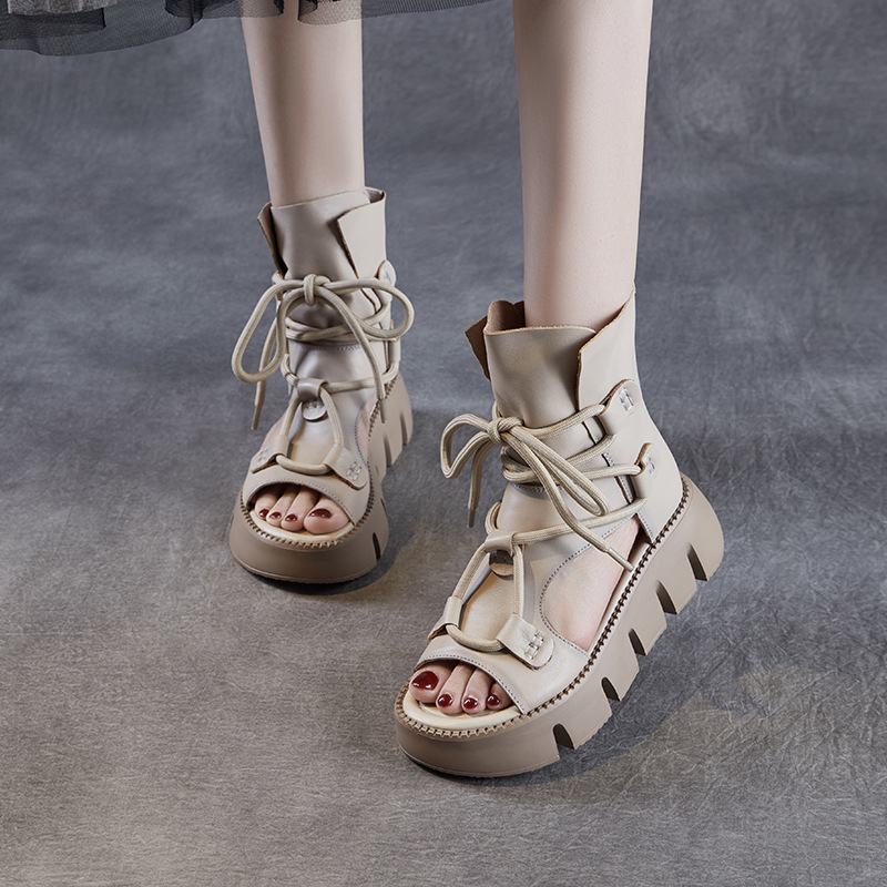 Women's Cowhide Thick - soled Hollow - out Fish - mouth High - top Sandals