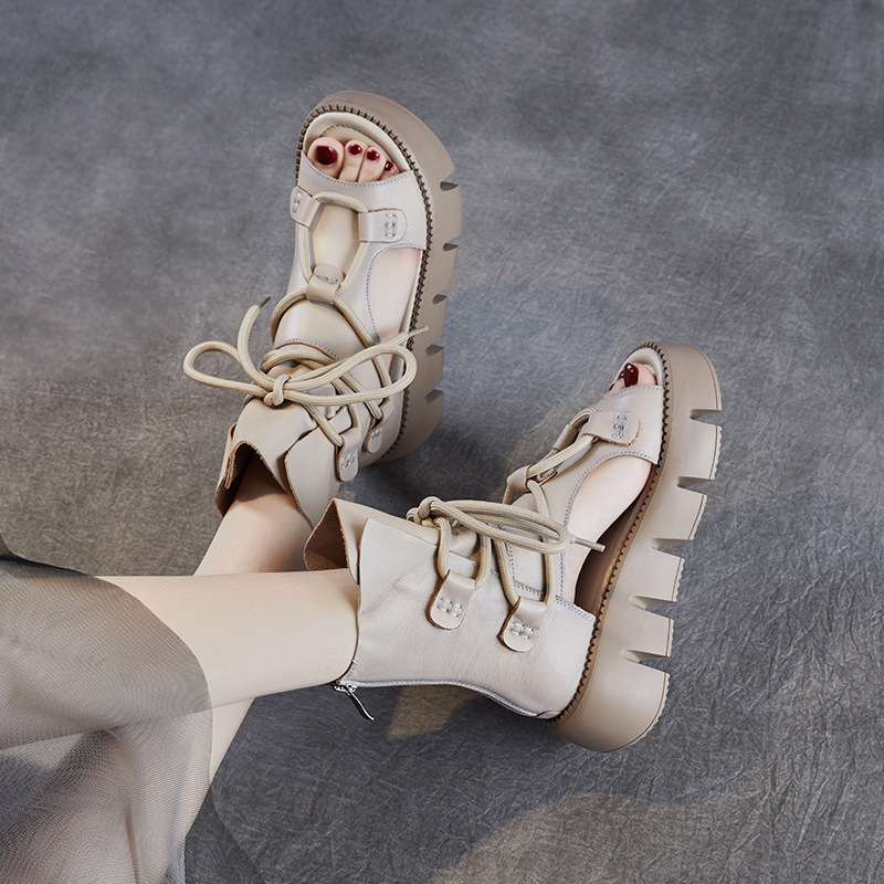 Women's Cowhide Thick - soled Hollow - out Fish - mouth High - top Sandals