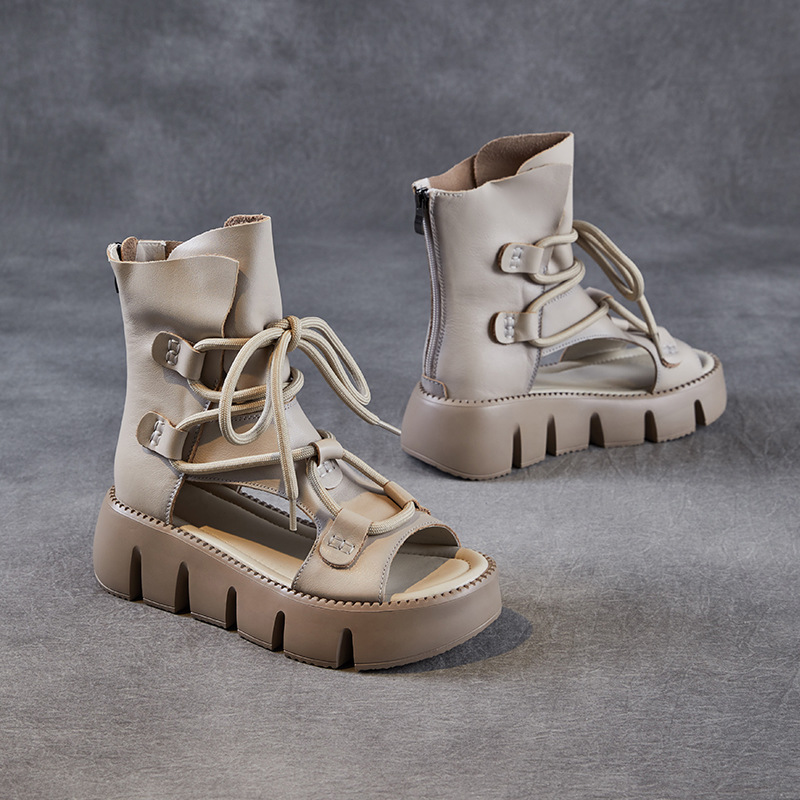 Women's Cowhide Thick - soled Hollow - out Fish - mouth High - top Sandals