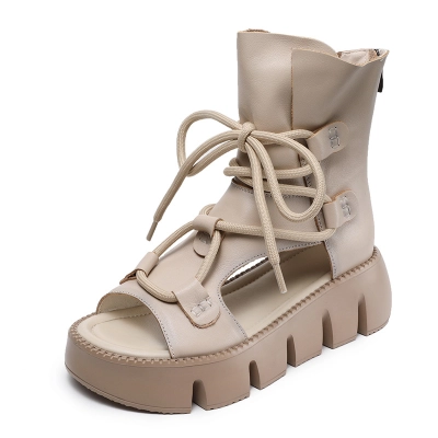 Women's Cowhide Thick - soled Hollow - out Fish - mouth High - top Sandals 01