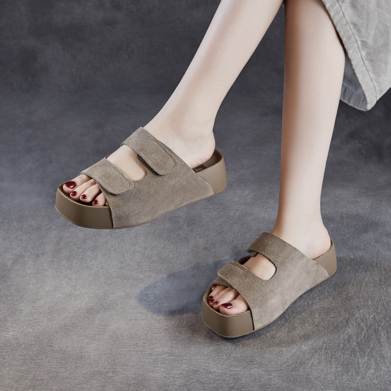 Women's Genuine Cowhide Platform Birkenstock - style Slippers