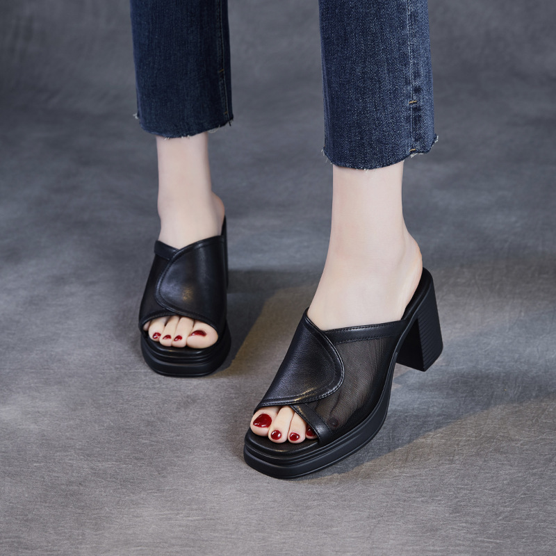 Women's Genuine Leather Mesh Toe - loop Breathable Fish - mouth Slide Sandals