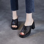 Women's Genuine Leather Mesh Toe - loop Breathable Fish - mouth Slide Sandals