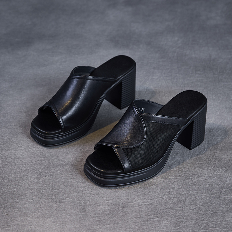 Women's Genuine Leather Mesh Toe - loop Breathable Fish - mouth Slide Sandals