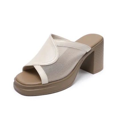 Women's Genuine Leather Mesh Toe - loop Breathable Fish - mouth Slide Sandals 01