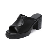 Women's Genuine Leather Mesh Toe - loop Breathable Fish - mouth Slide Sandals