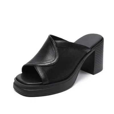 Women's Genuine Leather Mesh Toe - loop Breathable Fish - mouth Slide Sandals 02