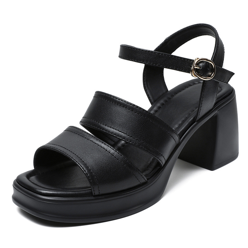 Women's Lightweight Genuine Leather Chunky - Heel Sandals