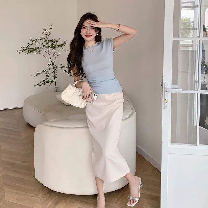 Solid Color Split Side Slim Fit Bodycon Midi Skirt