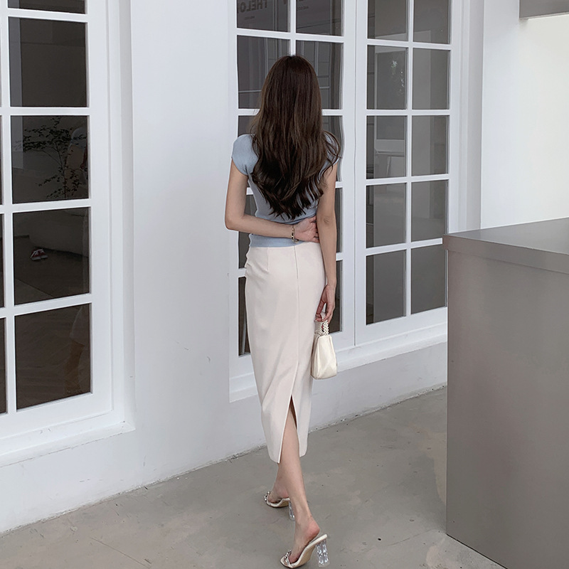 Solid Color Split Side Slim Fit Bodycon Midi Skirt