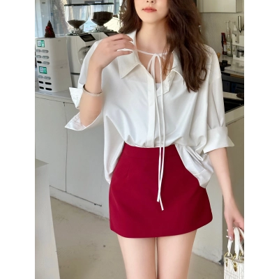 Vibrant Red Elegant Midi Skirt 02