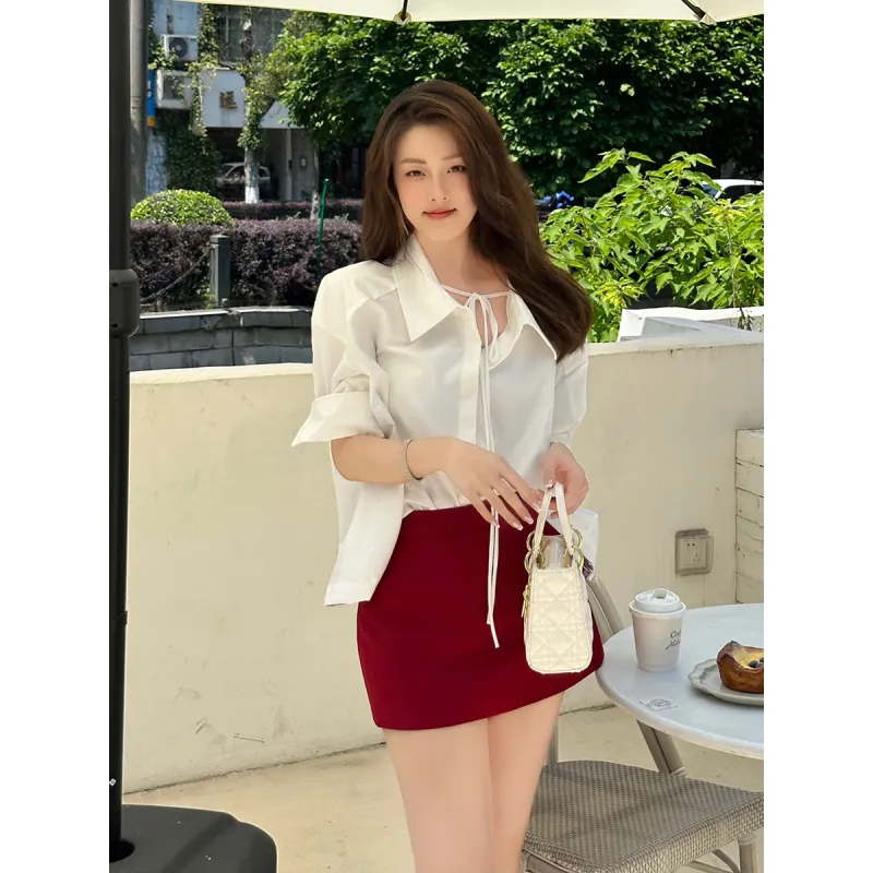 Vibrant Red Elegant Midi Skirt