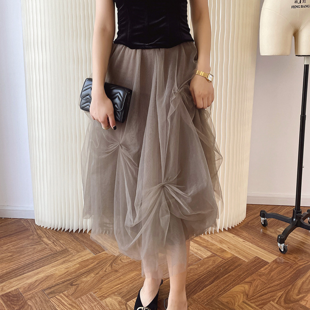 Elastic Waist Pleated Tulle Midi Skirt - Flowy & Feminine