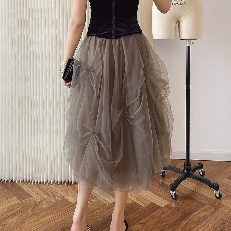 Elastic Waist Pleated Tulle Midi Skirt - Flowy & Feminine