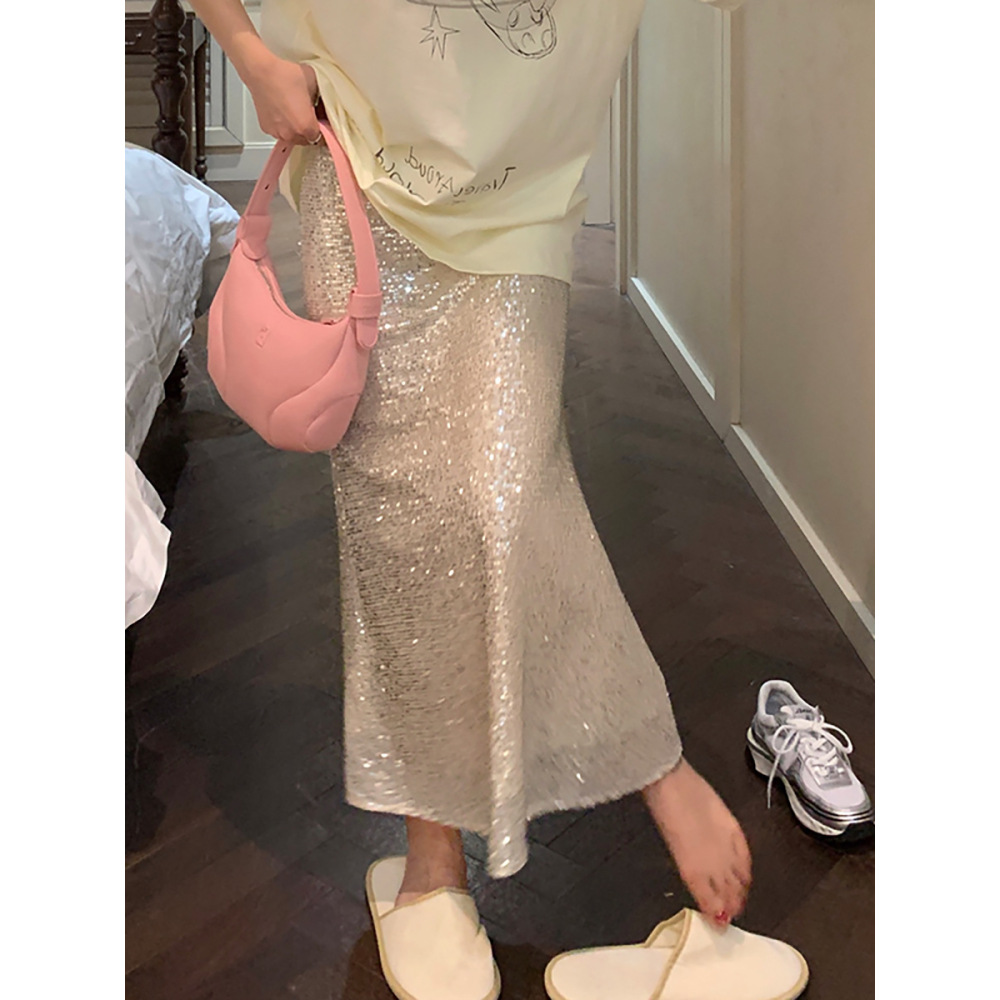 Sparkly Elastic Waistband Fish-Tail Midi Skirt