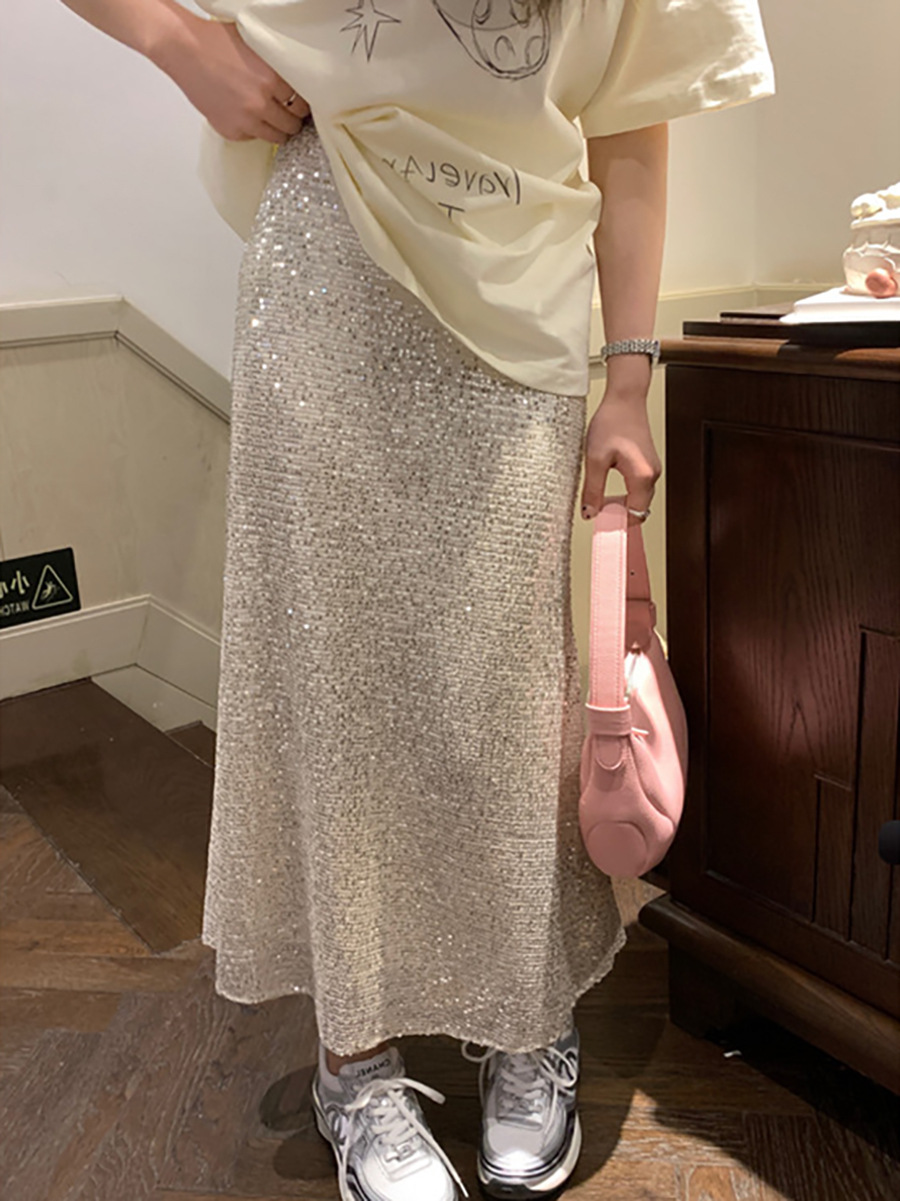 Sparkly Elastic Waistband Fish-Tail Midi Skirt