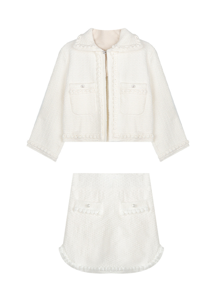 3D Handwoven Ribbon Peter Pan Collar Jacket & Skirt Set