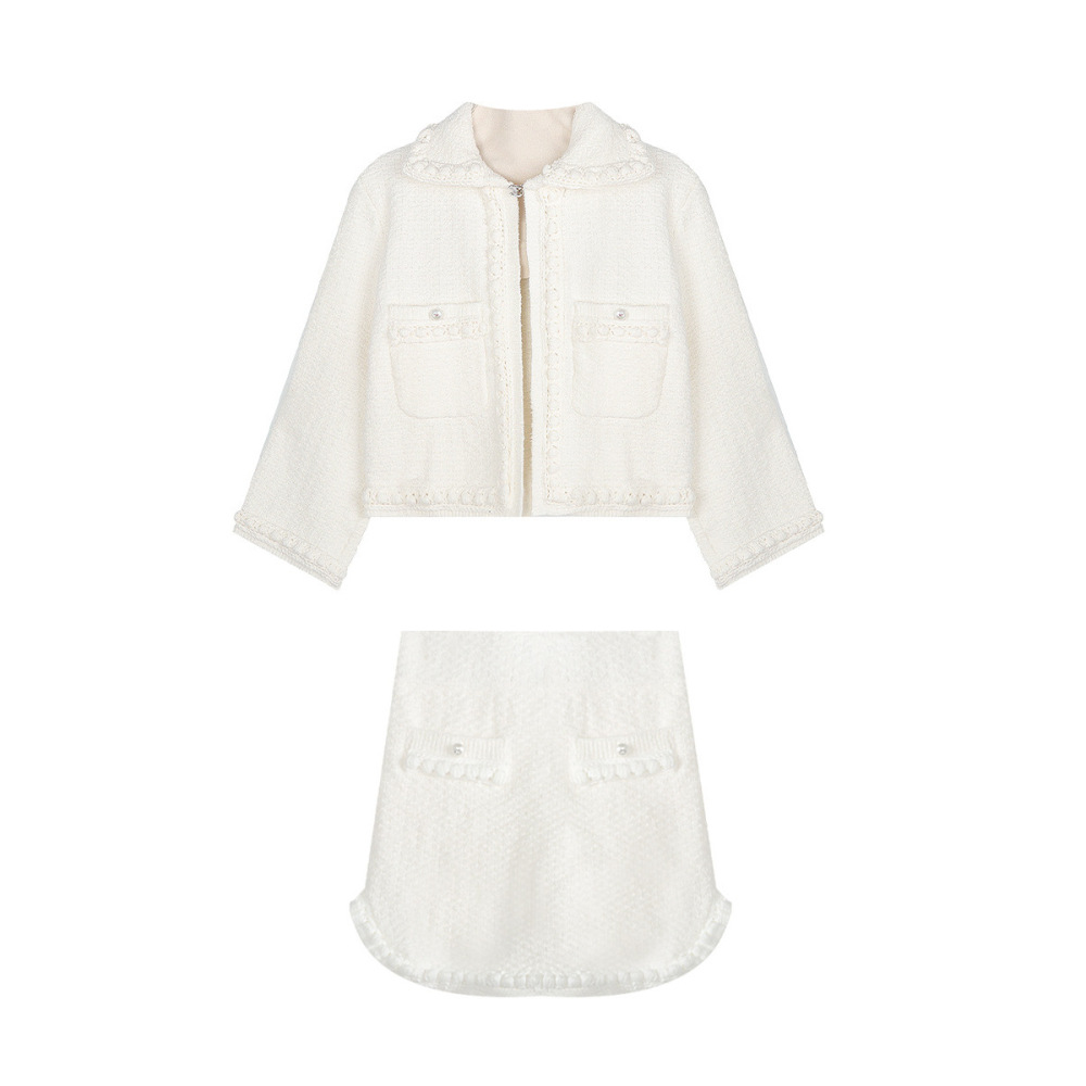 3D Handwoven Ribbon Peter Pan Collar Jacket & Skirt Set