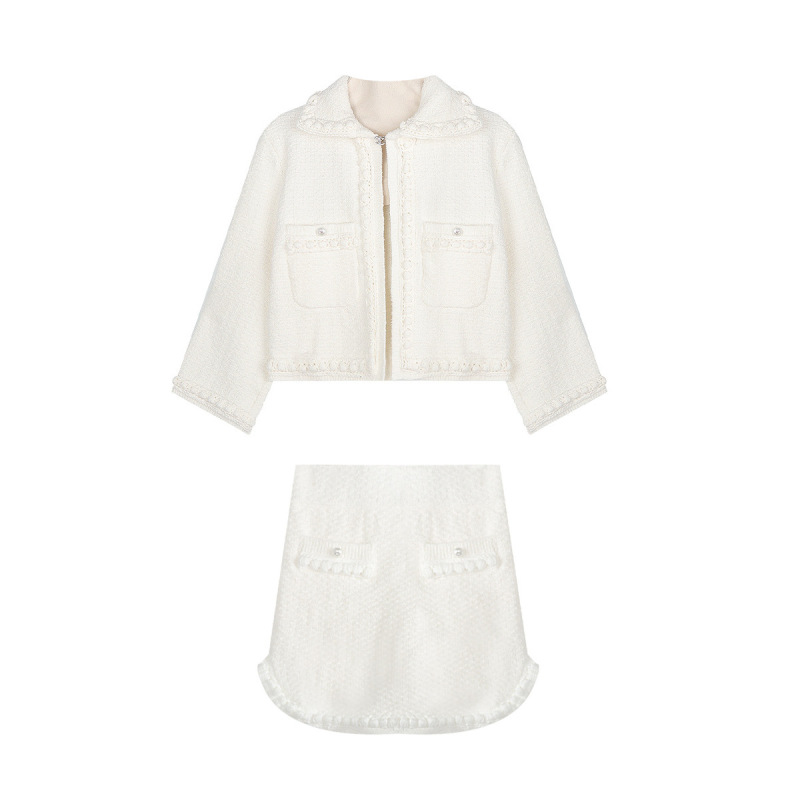 3D Handwoven Ribbon Peter Pan Collar Jacket & Skirt Set