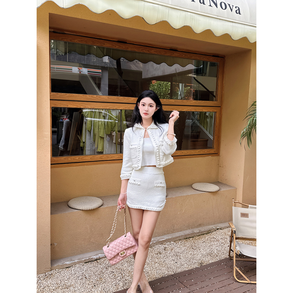 3D Handwoven Ribbon Peter Pan Collar Jacket & Skirt Set