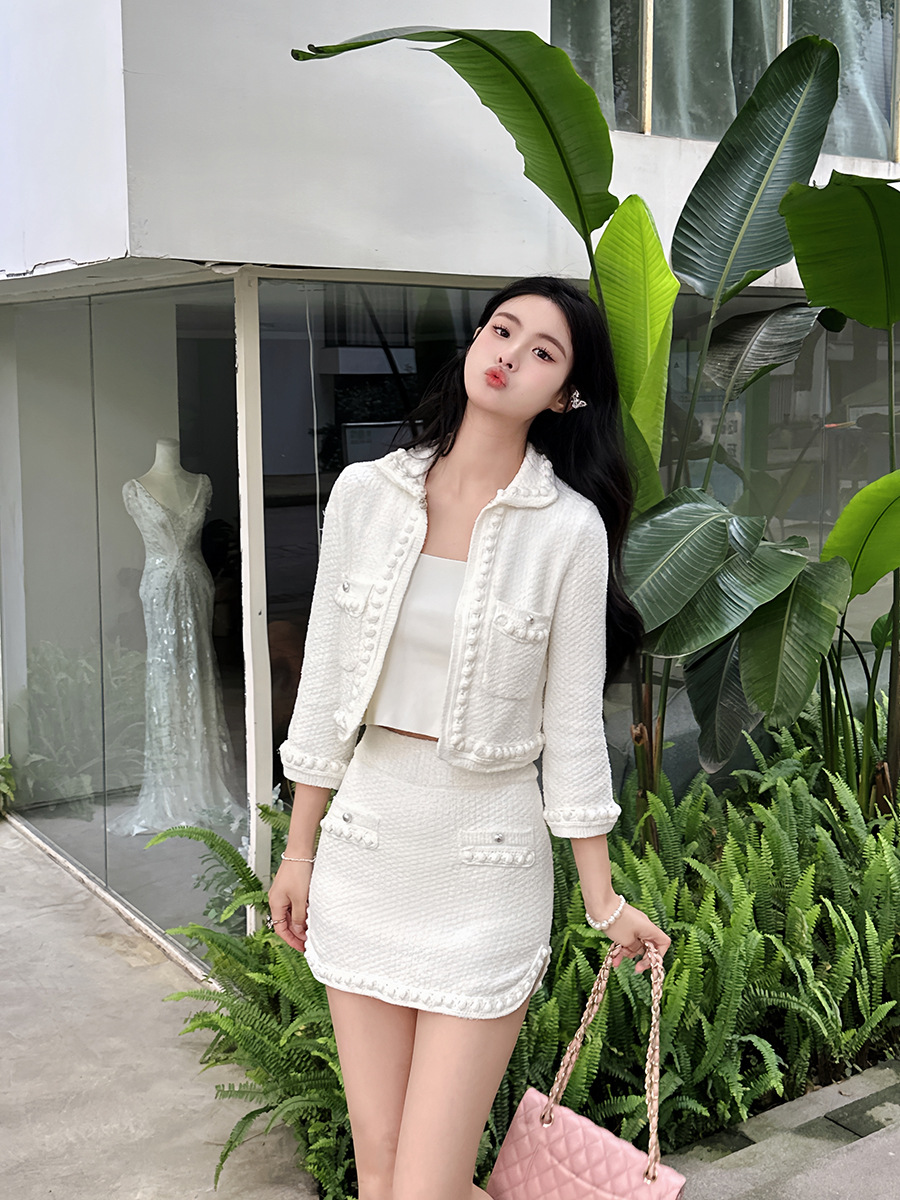 3D Handwoven Ribbon Peter Pan Collar Jacket & Skirt Set