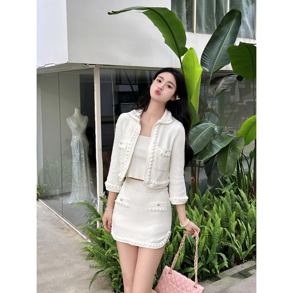 3D Handwoven Ribbon Peter Pan Collar Jacket & Skirt Set