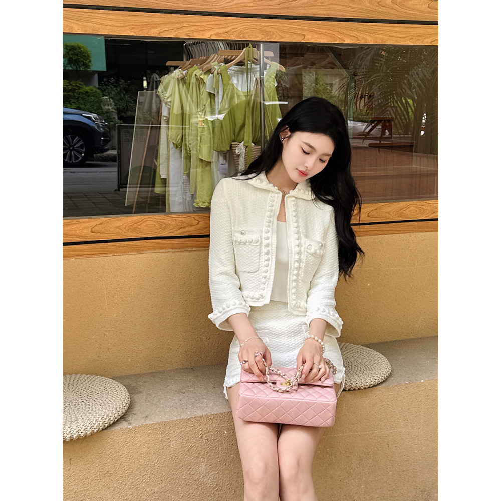 3D Handwoven Ribbon Peter Pan Collar Jacket & Skirt Set