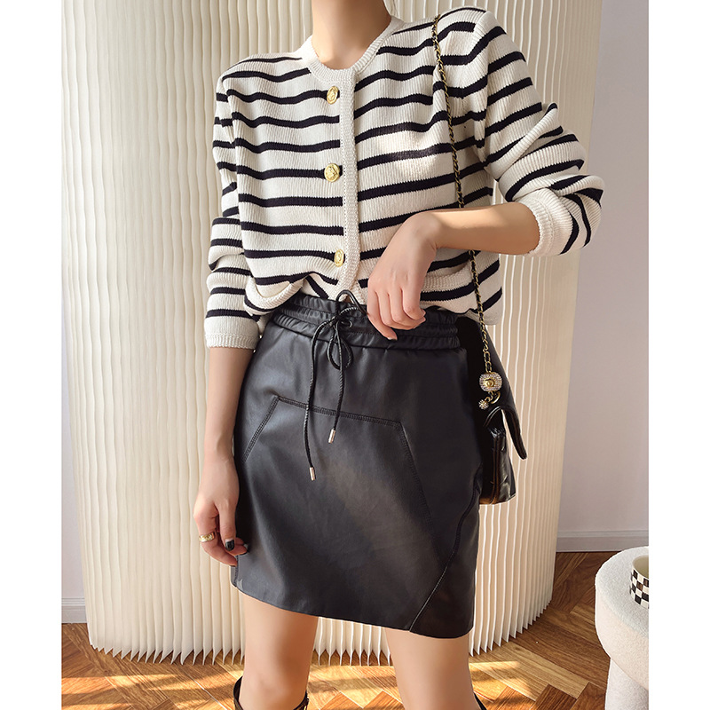 Black Drawstring Casual Mini Leather Skirt