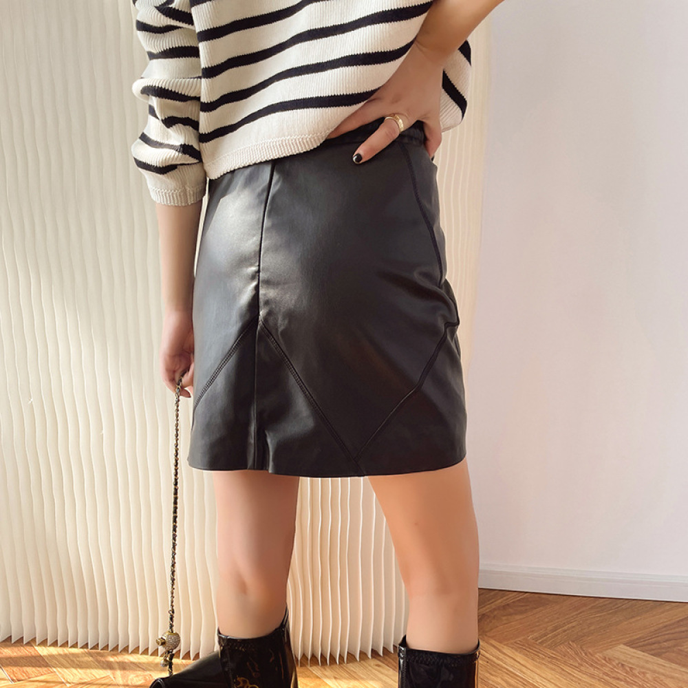 Black Drawstring Casual Mini Leather Skirt