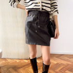 Black Drawstring Casual Mini Leather Skirt