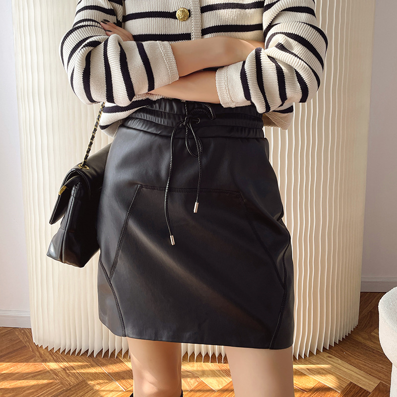 Black Drawstring Casual Mini Leather Skirt