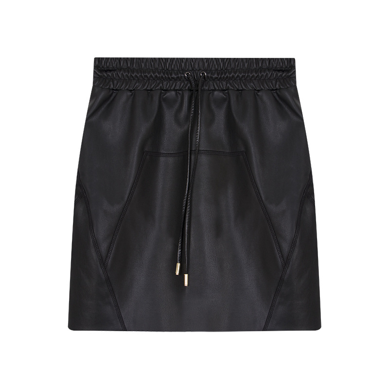 Black Drawstring Casual Mini Leather Skirt