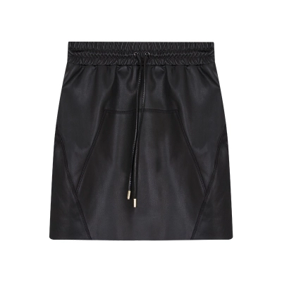 Black Drawstring Casual Mini Leather Skirt 01