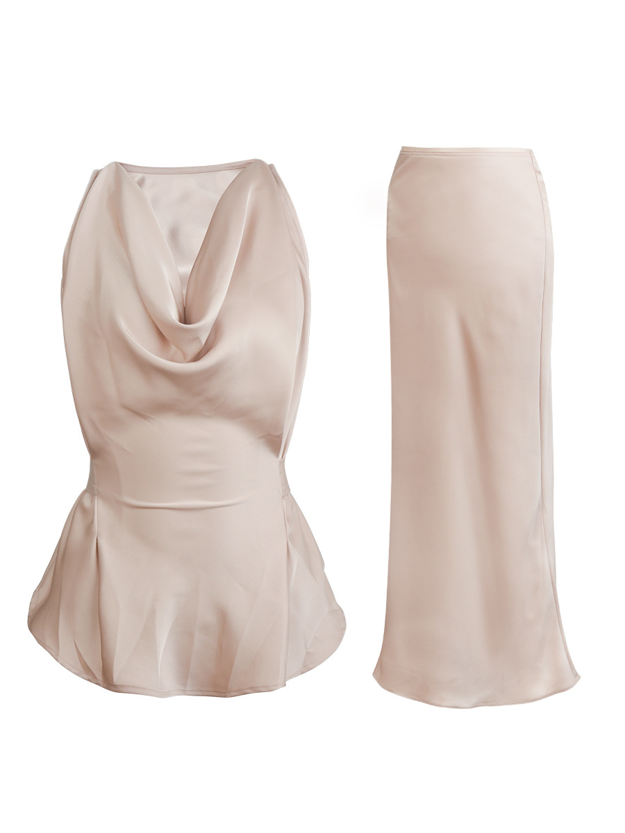Elegant Flowing Collar Sleeveless Top & Slim-Fit Skirt Set