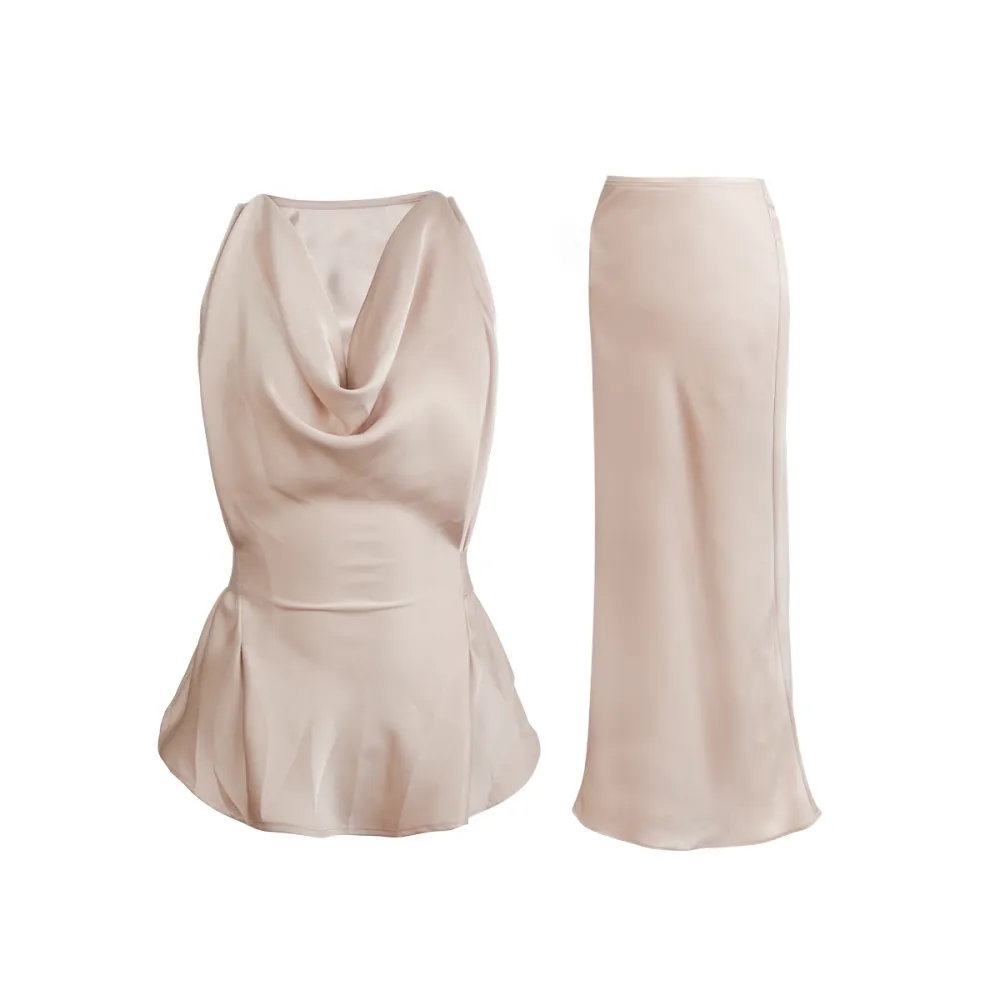 Elegant Flowing Collar Sleeveless Top & Slim-Fit Skirt Set