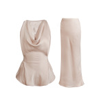 Elegant Flowing Collar Sleeveless Top & Slim-Fit Skirt Set
