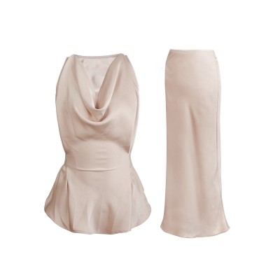 Elegant Flowing Collar Sleeveless Top & Slim-Fit Skirt Set 01