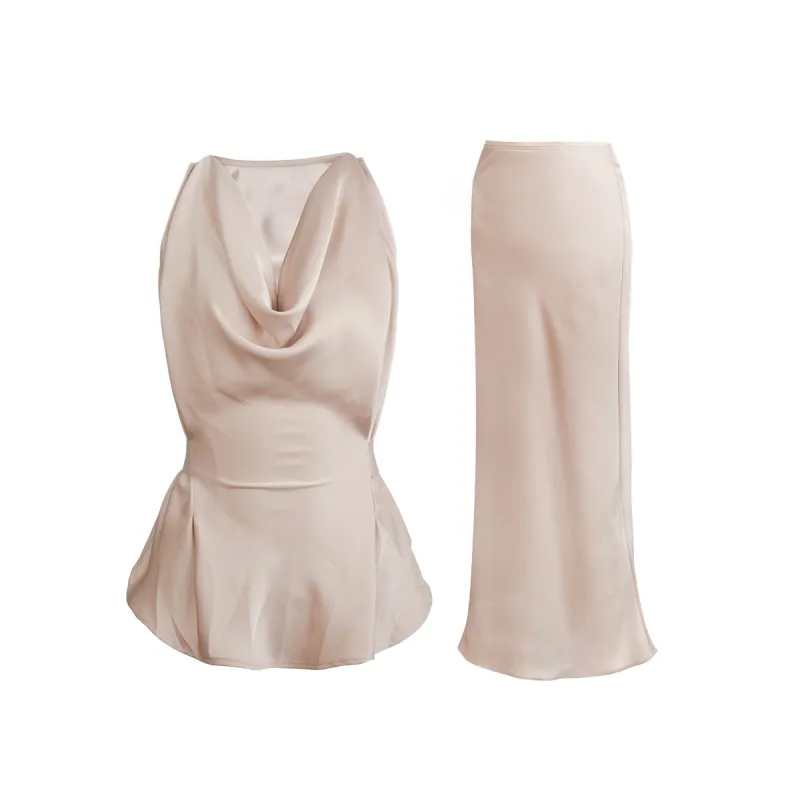 Elegant Flowing Collar Sleeveless Top & Slim-Fit Skirt Set