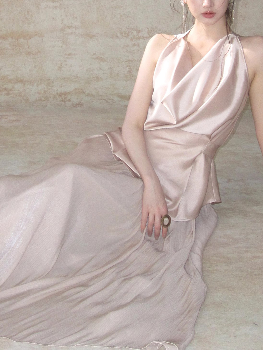 Elegant Flowing Collar Sleeveless Top & Slim-Fit Skirt Set