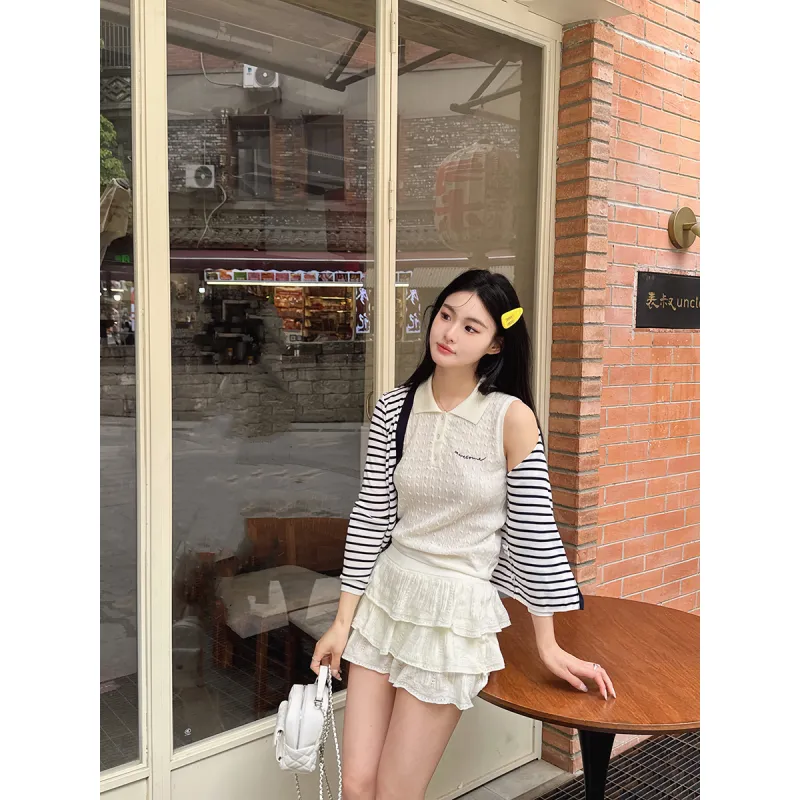 Lace-Trimmed Knit Set: Cropped Top & Skirt