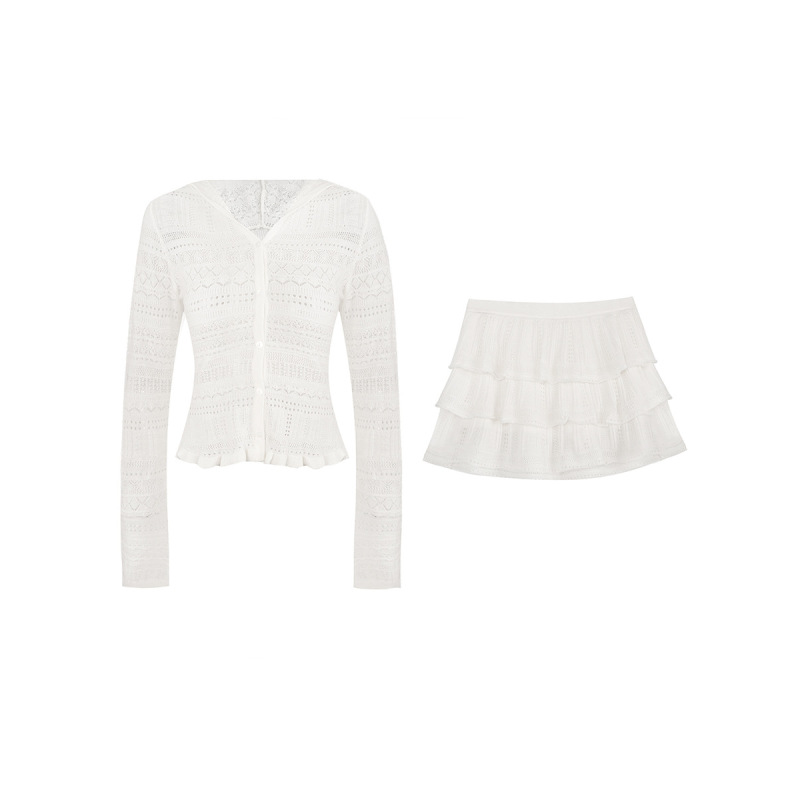 Lace-Trimmed Knit Set: Cropped Top & Skirt