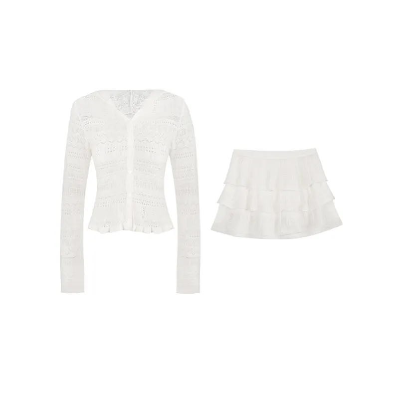 Lace-Trimmed Knit Set: Cropped Top & Skirt