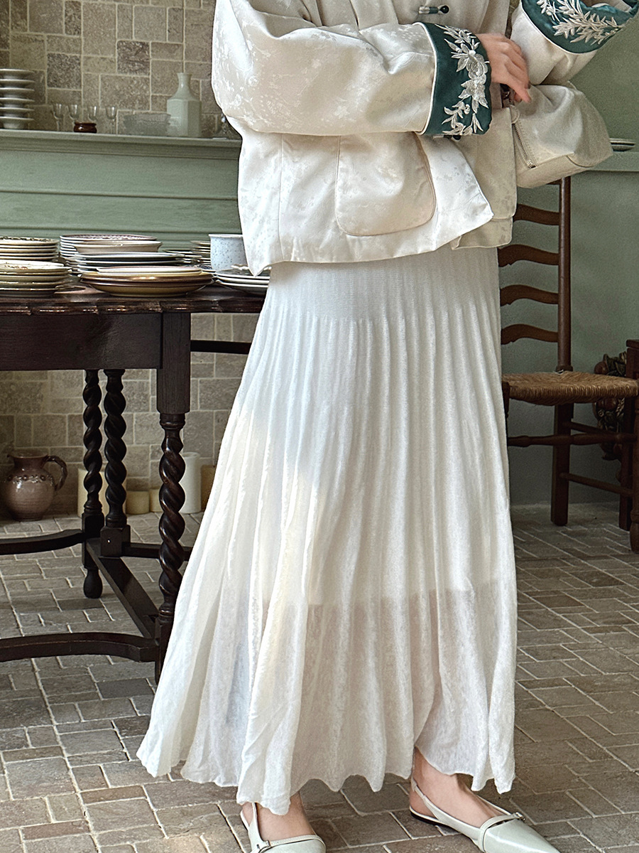 Linen White Pleated Midi Skirt