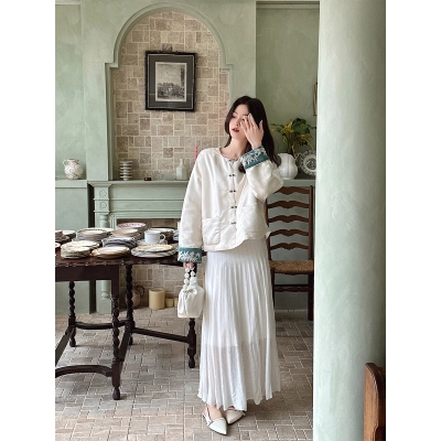 Linen White Pleated Midi Skirt 02