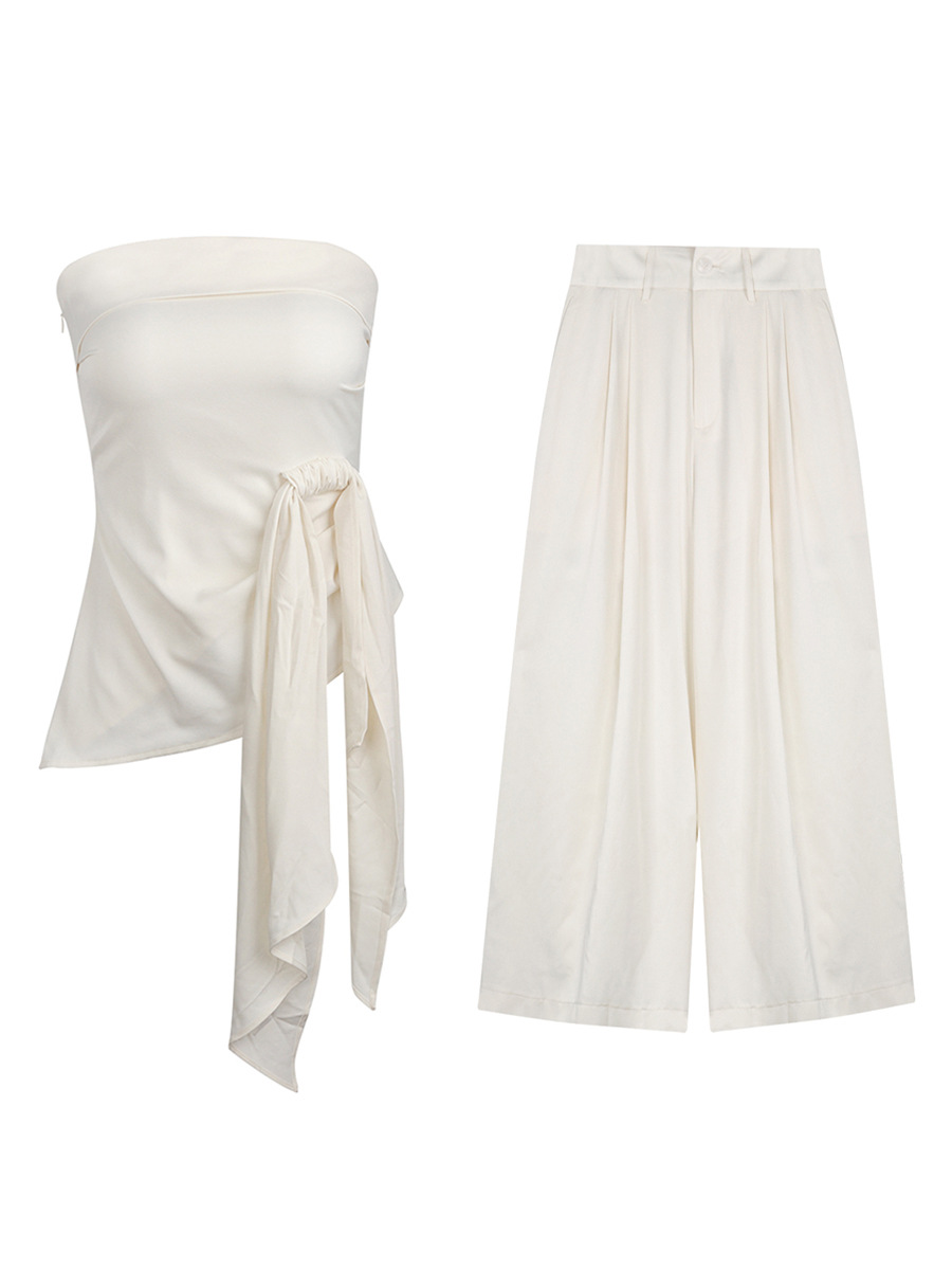 Off - shoulder Satin Off - the - shoulder Top and Wide - leg Pants Set