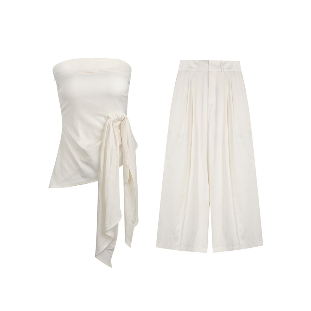 Off - shoulder Satin Off - the - shoulder Top and Wide - leg Pants Set
